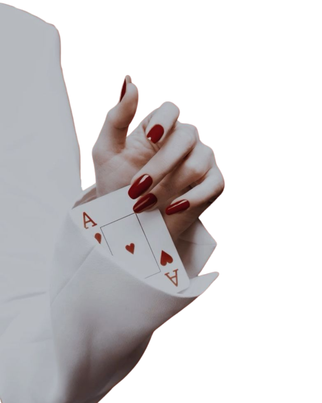A hand slipping an ace of hearts from a white sleeve